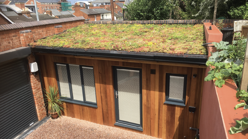Modern building with a green roof and wooden exterior