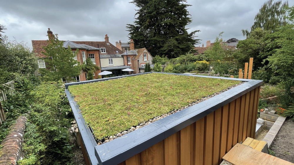 Green roof on a building with surrounding trees and houses