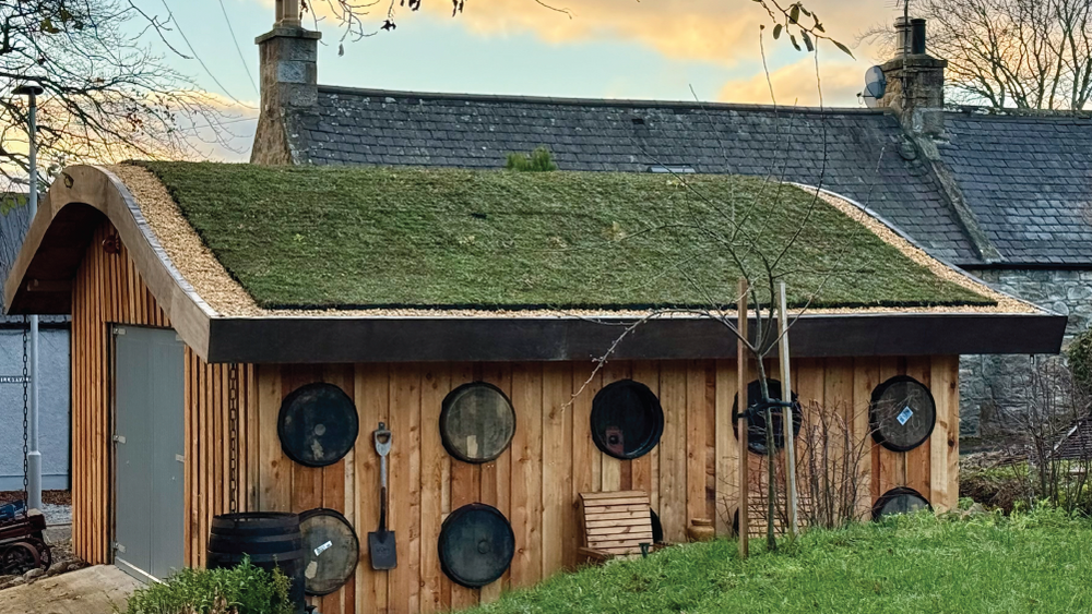 Wooden cabin with a green roof and various circular objects on a wall.