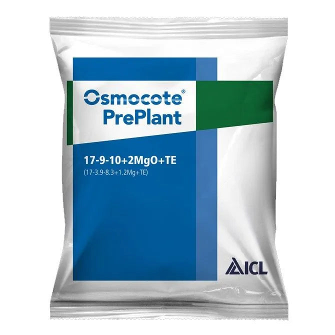 Osmocote PrePlant fertilizer packet with AICL branding on a white background