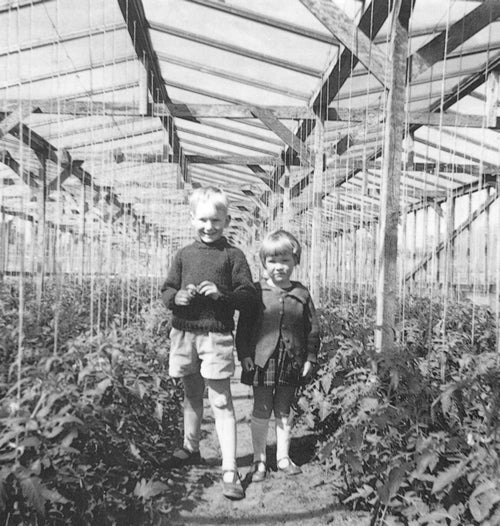 A photo of two children in a greenhouse